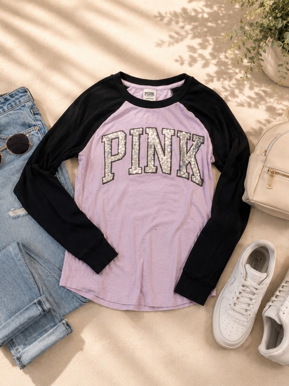 PINK Victoria's Secret Lavender Long-Sleeve Raglan Tee with Black Sleeves